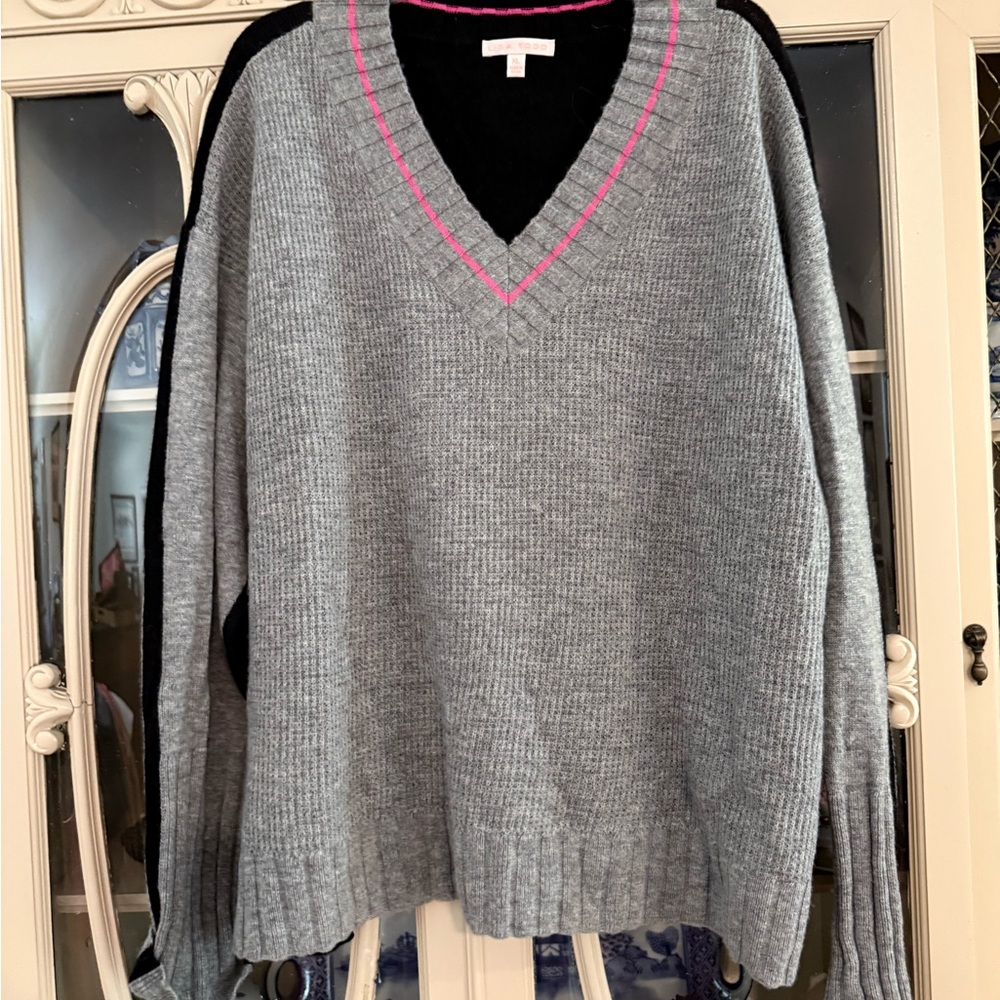 Lisa Todd Grey V-Neck Sweater with Pink Trim and Black Back